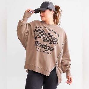 New Dodge Sz M Women vneck brown oversized casual sporty pullover fleece sweater